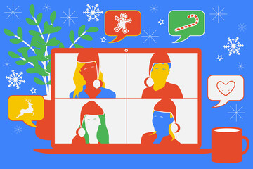 Christmas video call conference or meeting people with Christmas hats talking about the news and global events. Stream friends. Chatting from home. Vector flat illustration.