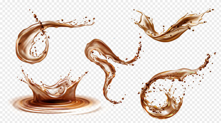 Splashes of coffee, tea or cola isolated on transparent background. Vector realistic set of liquid waves of falling and flowing brown water, whiskey or beer with drops and swirls