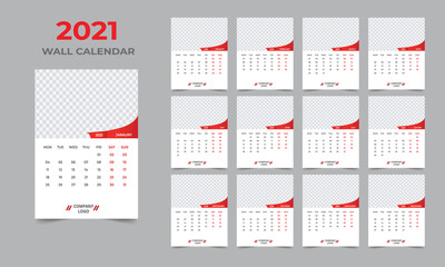  2021 Wall calendar design  Set of 12 Months, Week starts Monday
