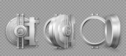 Bank safe vault door opening motion sequence animation. Metal steel round gate close, slightly ajar and open, isolated mechanism with welds and rivets. Gold and money storage, Realistic 3d vector set - obrazy, fototapety, plakaty