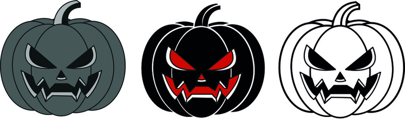 Pumpkin -set. Haloween Pumpkin Icons Vector Character Cartoon Design .Jack O lantern black linear and silhouette icons. Thin line pumpkin face sign. Vector Icon shape, simple symbol.