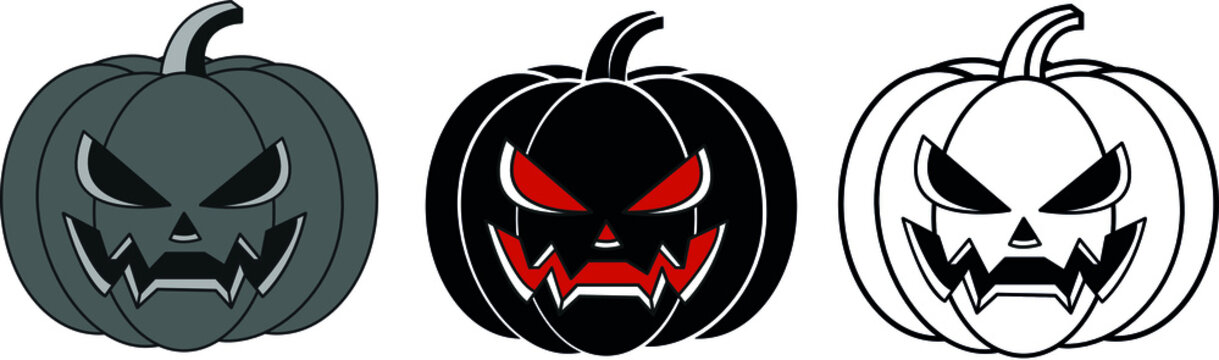 Pumpkin -set. Haloween Pumpkin Icons Vector Character Cartoon Design .Jack O lantern black linear and silhouette icons. Thin line pumpkin face sign. Vector Icon shape, simple symbol.