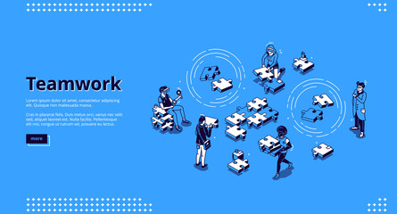 Teamwork isometric landing page. Business people team assembling separated puzzle pieces. Cooperation, partnership, creative collaboration of coworking colleagues concept 3d vector line art web banner