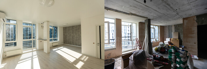 Room with unfinished walls and a room after repair. Before and after renovation in new housing.