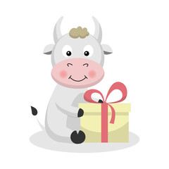 White metal ox, bull, cow sits with a gift, present. The symbol of the 2021 new year. Flat style.