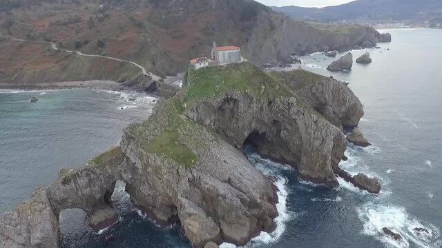 Amazing Church on Coastal Rock, Gaztelugatxe Islet, Basque, Spain, Aerial Circling