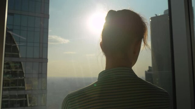 Success, opportunity, sightseeing, discover and future concept. Back view of pensive woman silhouette looking at cityscape through window of skyscraper. Summer time, sun lens flare, daylight