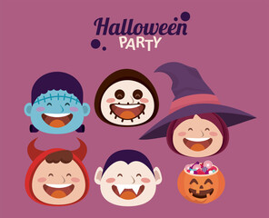 happy halloween party with little monsters head characters