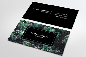 Elegant business card with palm leaves, white green black
