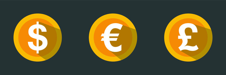 Currency exchange circle icons with long shadow. Dollar, euro, pound. Flat design style. Currency simple silhouette. Modern round color icons. Web site page and mobile app design vector element.