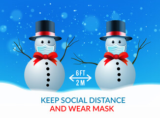 two snowmen at a safe distance and wearing medical masks. Vector illustration against the spread of coronavirus