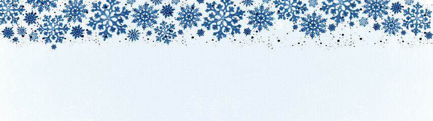 Festive winter / Christmas background banner panorama template greeting card - Blue ice crystals and snowflakes isolated on white texture, with space for text