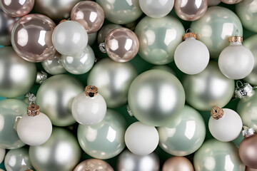 Beautiful Christmas layout made with many bright, silver, mint and rose gold baubles. Minimal winter or New Year concept with copy space. Flat lay, top view, greeting card.