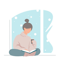 Stylish young woman in the sweater sitting on a windowsill and reading a book. Winter window. Cozy modern vector illustration. Pretty girl drinking coffee at home.