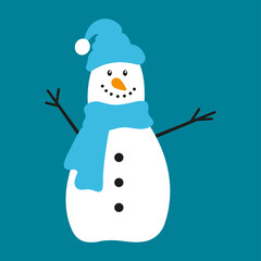 Snowman icon. Cute cartoon character. Colored silhouette. Vector flat graphic illustration. Isolated object on a blue background. Isolate.