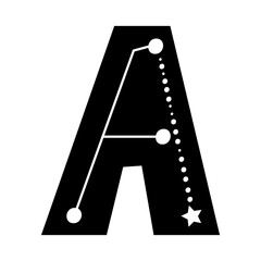 Celestial themed letter A. Constellation concept hand drawn letter. Vector illustration.