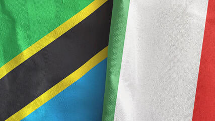 Italy and Tanzania two flags textile cloth 3D rendering