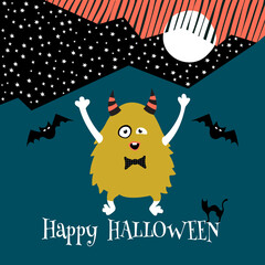 Vector Halloween poster design with halloween symbols, monsters and calligraphy. Funny halloween card.