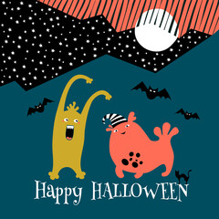 Vector Halloween poster design with halloween symbols, monsters and calligraphy. Funny halloween card.