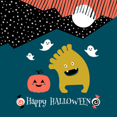 Vector Halloween poster design with halloween symbols, monsters and calligraphy. Funny halloween card.