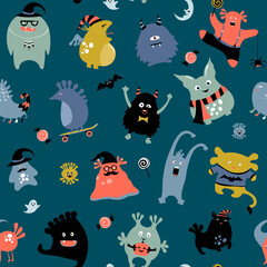 Vector Halloween poster design with halloween symbols, monsters and calligraphy. Funny halloween card.