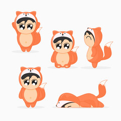 set of funny cartoon cute animals fox costume character with happy kid inside