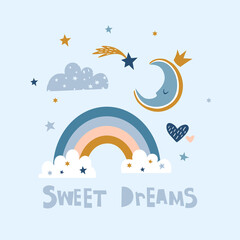 Cute Illustration with lettering phrase. Sweet Dreams. Childish print for nursery, kids apparel, poster, postcard. Vector art