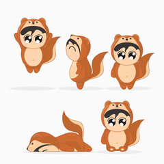 set of funny cartoon animals squirrel costume character with happy kid inside