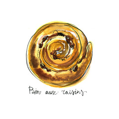 Pain aux raisins. Baking top view. Watercolor sketch of food.