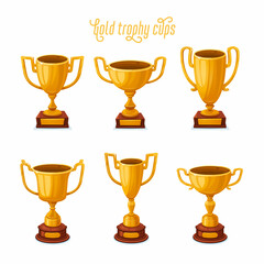 Gold trophy cups. Set of a golden award cups in different shapes - 1st place winner trophies.