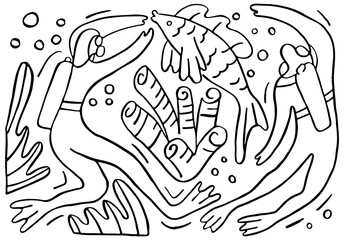 Vector illustration of doodles on theme of underwater world, diving. Two divers, fish, corals, seaweed are depicted. Can be used in packages, web design background images, etc.