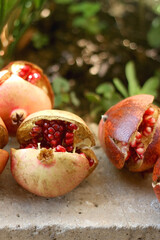 Picked homegrown pomegrante in a garden. Selective focus.