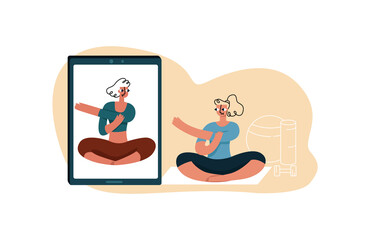 Vector illustration woman doing exercises. It is under guidance of online trainer. Concept of healthy lifestyle, Pilates, workout. It can be used in web design, banners, etc.