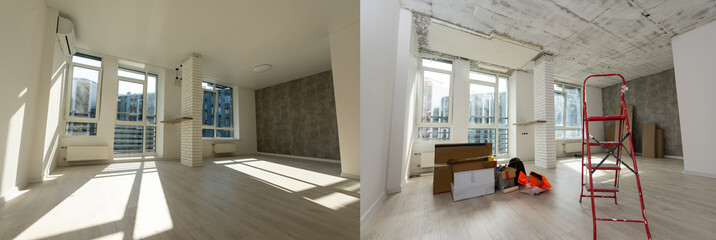 Modern interior design of big living-kitchen studio room, before and after
