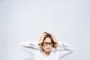 Woman business finance glasses work office light background portrait model