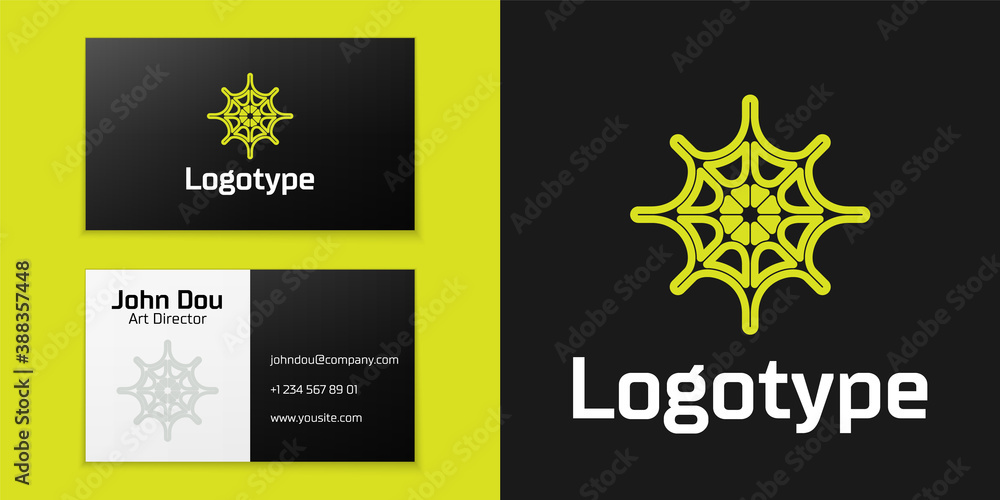 Sticker logotype line spider web icon isolated on black background. cobweb sign. happy halloween party. logo