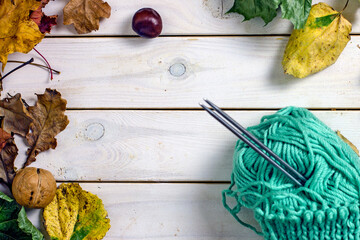 Knitting background flat lay, copy space