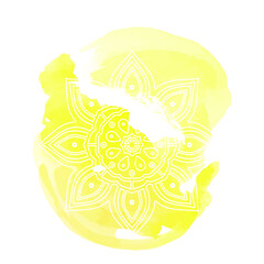 Round white mandala isolated on colorful background. Mandala on top of watercolor blotch. Beautiful pattern.