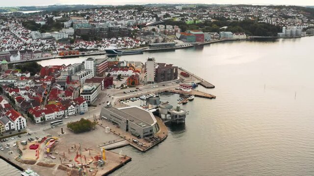 Stavanger City Waterfront, Norway. Aerial View of Harbor Town on North Sea, Oil Capitol of Scandinavia, Drone Shot