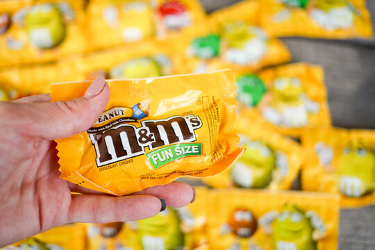 MIAMI, FLORIDA - FEBRUARY 17, 2019. M & M's Chocolate candies, produced by Mars, Incorporated. Since 1941
