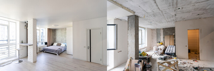 Room with unfinished walls and a room after repair. Before and after renovation in new housing.