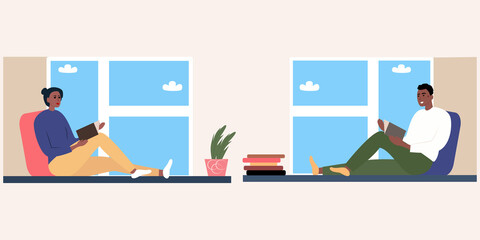 Portrait of a black man and woman who are reading while sitting on the windows at home. Cartoon flat vector. A family in warm sweaters is relaxing together reading books. Home schooling concept. Rest 