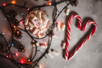 Flat lay for New Year, Christmas. Garland, candy canes, cocoa and cones, Christmas mood.
