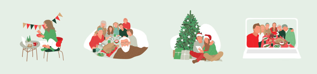 Family and friends sharing gifts through video calls. Online christmas dinner on laptop. Opening presents alone at home. Quarantine holidays on self-isolation illustration. Multicultural people vector