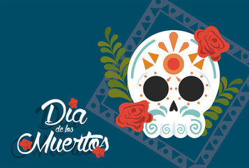 dia de los muertos poster with head skull and floral decoration