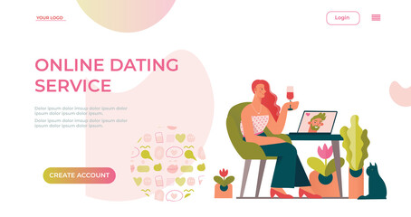 Online dating service application template. Video chats of first meetings. Concept for landing page on social media,dating website app. Flat cartoon vector illustration.
