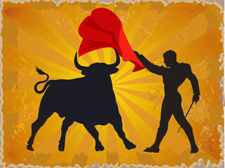 Illustration of a bull and a matador in Spain - obrazy, fototapety, plakaty