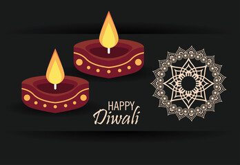 happy diwali celebration with two candles wooden and mandala