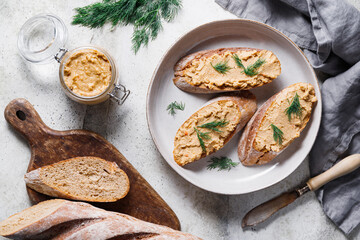 Toasts with pate and fresh dill. Healthy appetizer. - obrazy, fototapety, plakaty