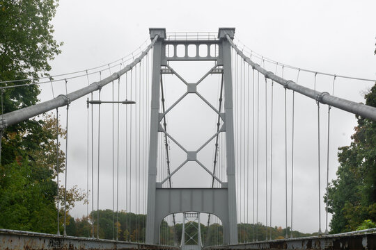 Kingston, NY / United States - Oct.13, 2020: Landscape image of The Kingston Port Ewen Suspension Bridge also known as the Wurts Street Bridge is a steel suspension bridge spanning Rondout Creek.